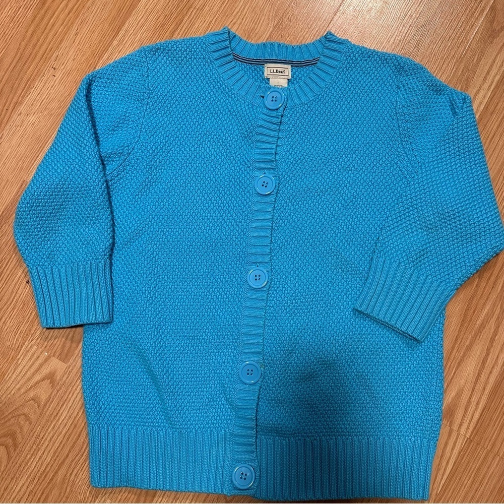 L.L. Bean Women's Cardigan Sweater Cropped Sleeves Large Blue Buttons Knit 3/4